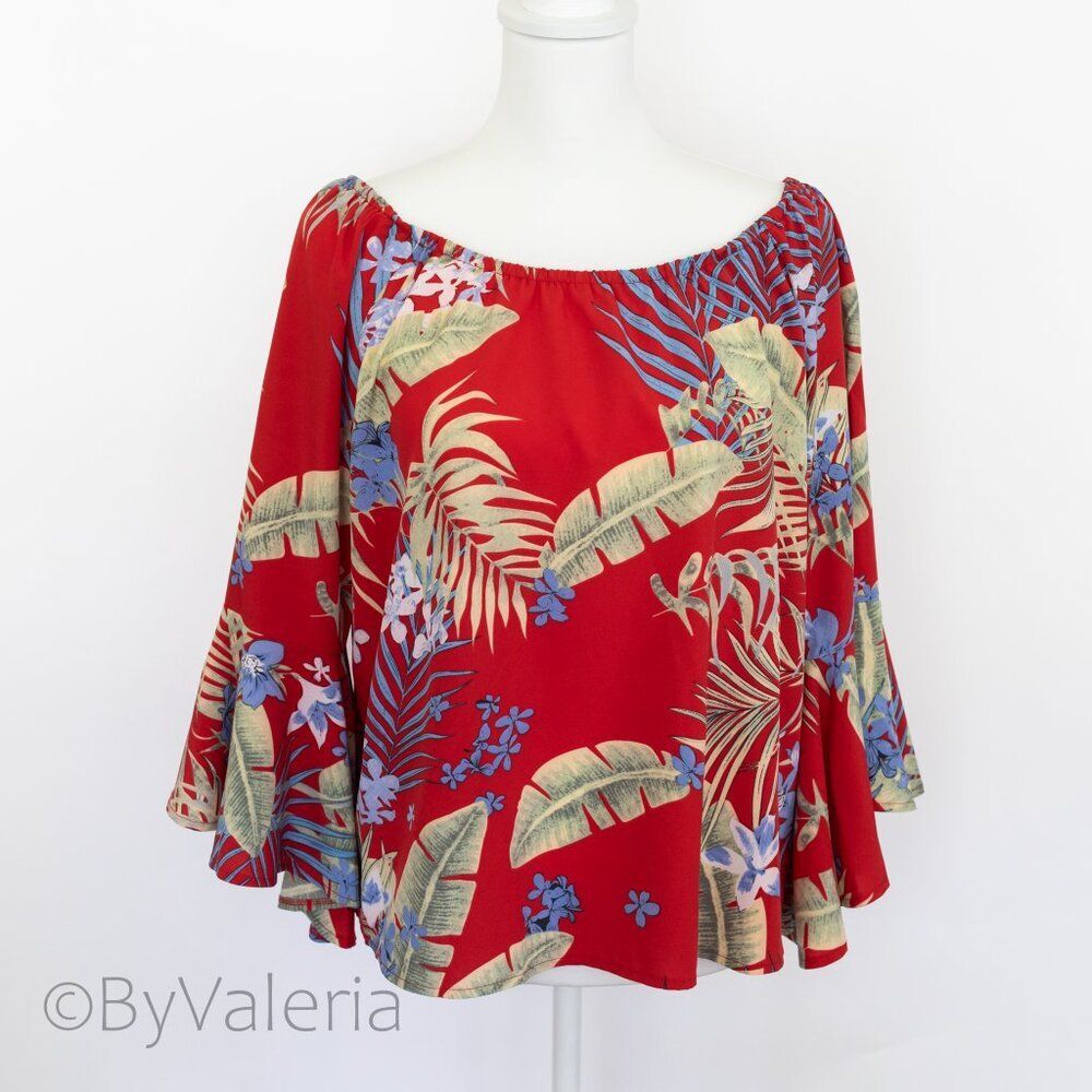 Papillon Floral Tropical Blouse L Red Off-shoulder Flowy Relaxed Resortwear